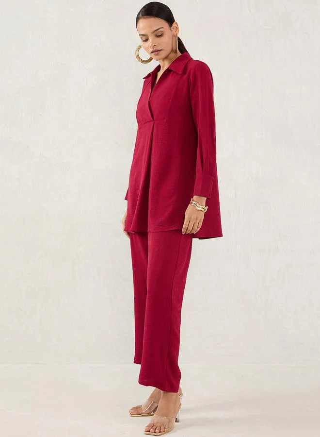 Femmella Maroon Open Collar Shirt and Trousers Co-ords