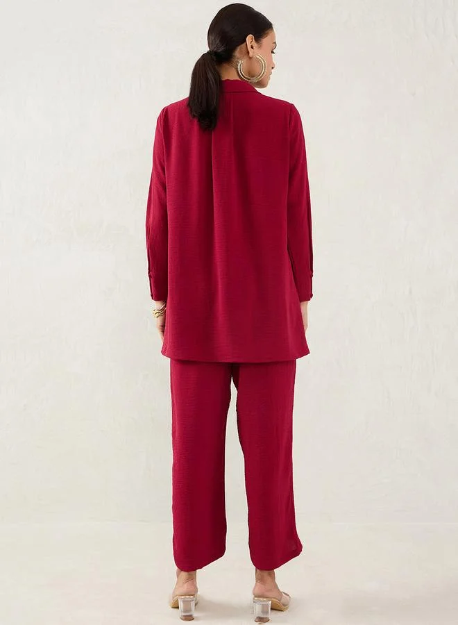 Femmella Maroon Open Collar Shirt and Trousers Co-ords