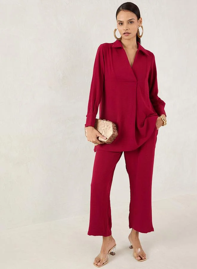 Maroon Open Collar Shirt and Trousers Co-ords
