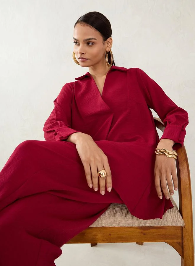 Femmella Maroon Open Collar Shirt and Trousers Co-ords