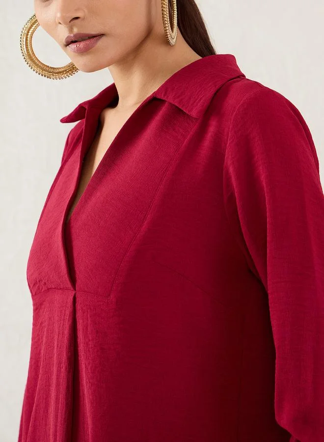 Femmella Maroon Open Collar Shirt and Trousers Co-ords