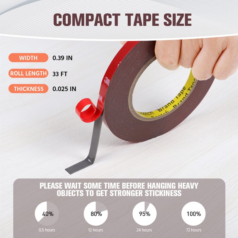 3M Double Sided Tape, Heavy Duty Mounting Tape Waterproof Foam Tape, 32FT Length, 0.39IN Width for LED Strip Lights, Home/ Office Decor, Made of 3M VHB Tape - Image 5