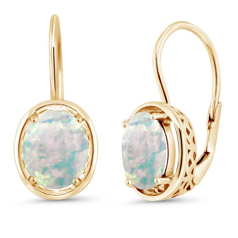 Gem Stone King 18K Yellow Gold Plated Silver Cabochon White Simulated Opal Earrings For Women (1.20 Cttw, Oval 9X7MM) - Image 1