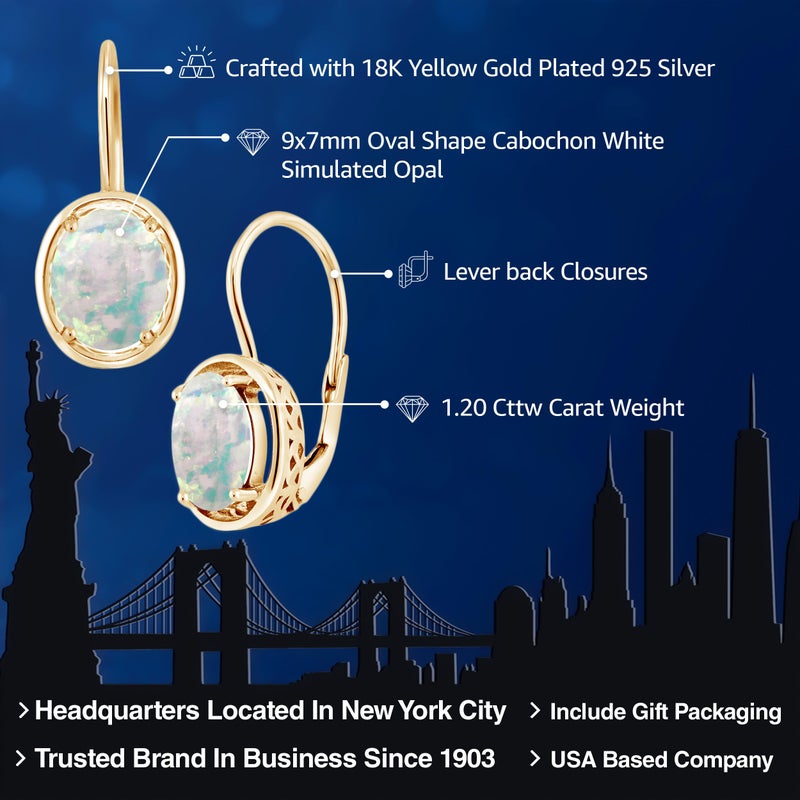 Gem Stone King 18K Yellow Gold Plated Silver Cabochon White Simulated Opal Earrings For Women (1.20 Cttw, Oval 9X7MM) - Image 2