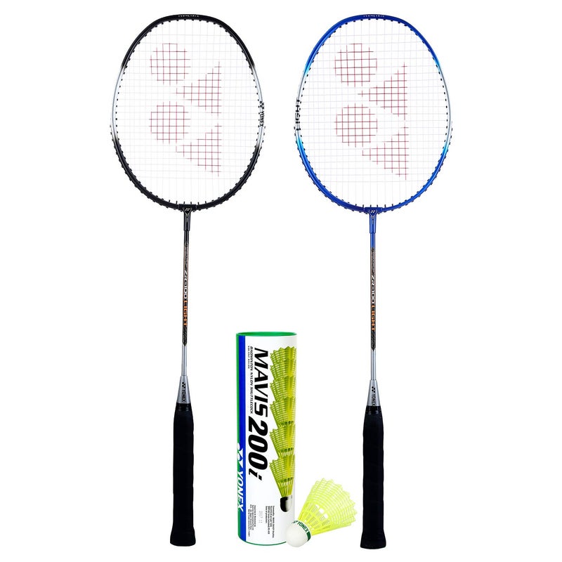 Yonex ZR 100 مجموعة من 2 مضرب بادمنتون خفيف من الألمنيوم مع غطاء كامل أسود-أزرق، كرات شوتل كوك Mavis 200I - حزمة مكونة من 6 - Image 2