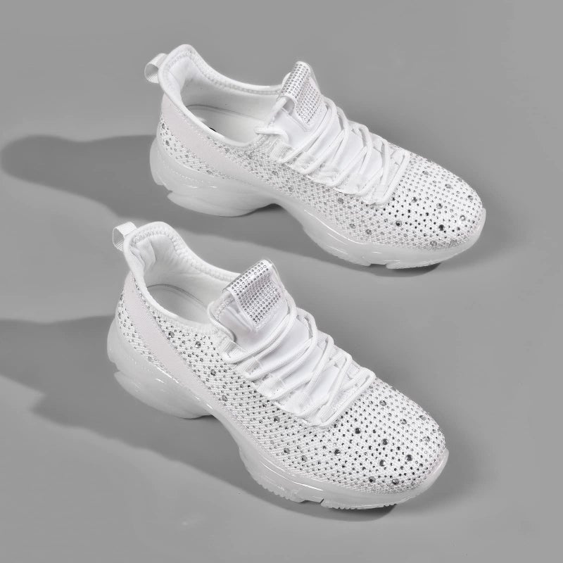 BELOS Women's Fashion Rhinestone Mesh Knit Slip On Sneaker Breathable Glitter Walking Shoes(White,6) - Image 4