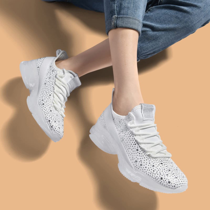 BELOS Women's Fashion Rhinestone Mesh Knit Slip On Sneaker Breathable Glitter Walking Shoes(White,6) - Image 2