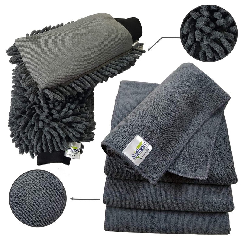 SOFTSPUN SOFTSPUN Microfiber Chenille & Single-Side Gloves 1700 GSM with Towel 340 GSM, 6 Piece Combo Grey, Multi-Purpose Super Absorbent and Perfect Wash Clean with Lint-Scratch Free Car, Dusting!  - Image 2