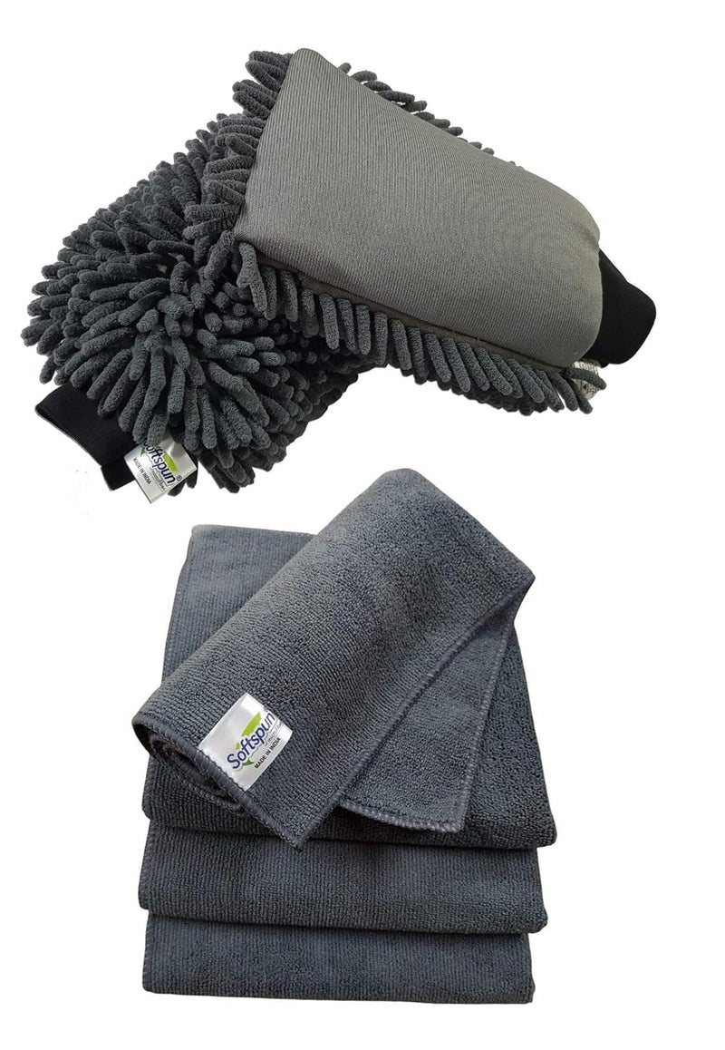 SOFTSPUN SOFTSPUN Microfiber Chenille & Single-Side Gloves 1700 GSM with Towel 340 GSM, 6 Piece Combo Grey, Multi-Purpose Super Absorbent and Perfect Wash Clean with Lint-Scratch Free Car, Dusting!  - Image 1