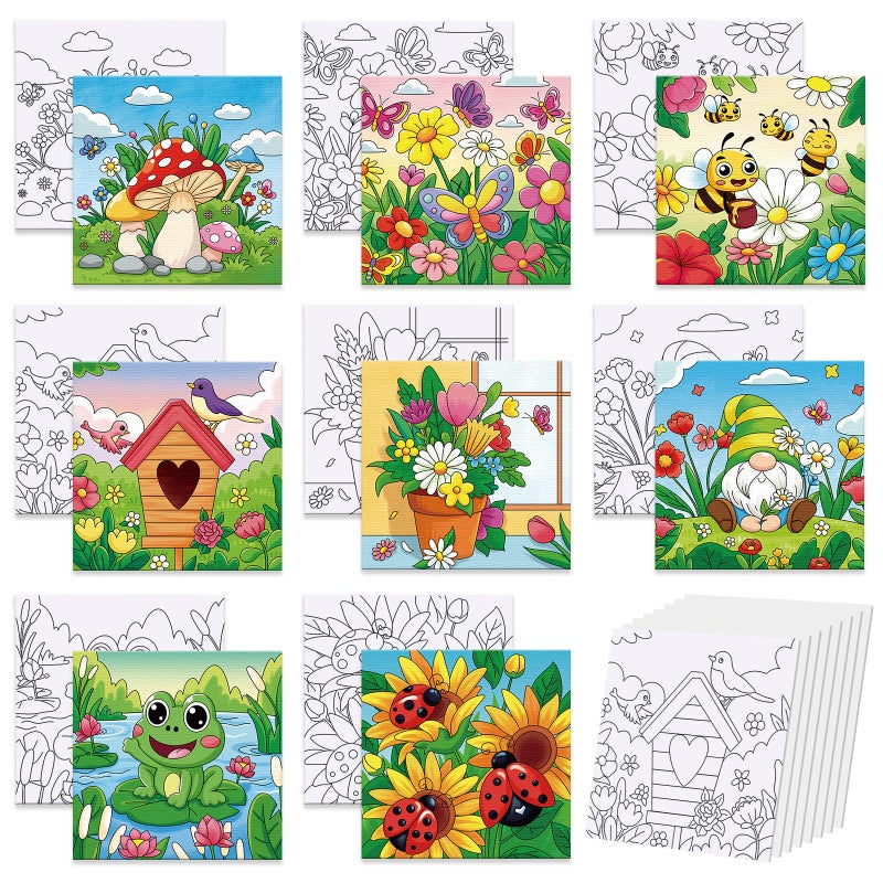 Anseal 8 Packs Pre Drawn Canvas for Painting, 8" X 8" Pre Printed Canvas for Kids, Pre Stretched Canvas Outline Painting Boards for Beginners Students, Party Favor - Image 1
