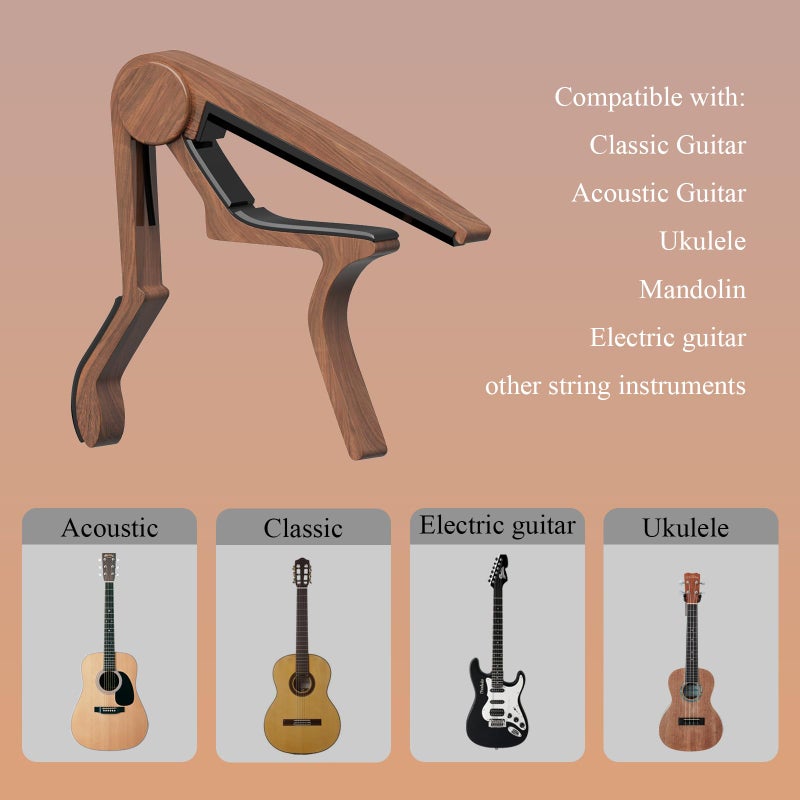 DIDA Guitar Capo for Acoustic, Classical, Electric Guitars, Ukulele, Mandolin, Banjo, and other string musical instruments, Quick Release, Memory Silicone Pad, Buzzing-Free (Black & Rosewood) - Image 2