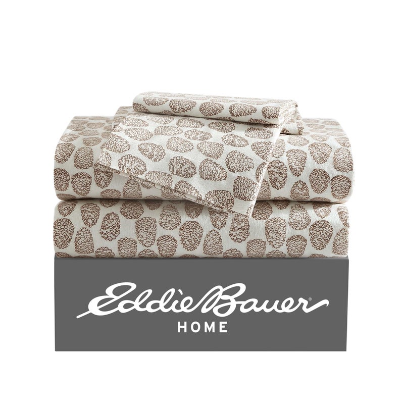 إدي بوار Eddie Bauer - Twin Sheets Cotton Flannel Bedding مجموعة مصممة للنعومة الإضافية ديكور المنزل المريح (Little Creek Pine Cone Beige Twin) - Image 1
