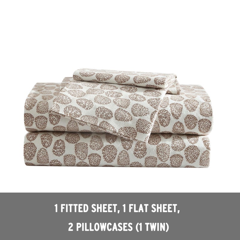 إدي بوار Eddie Bauer - Twin Sheets Cotton Flannel Bedding مجموعة مصممة للنعومة الإضافية ديكور المنزل المريح (Little Creek Pine Cone Beige Twin) - Image 3