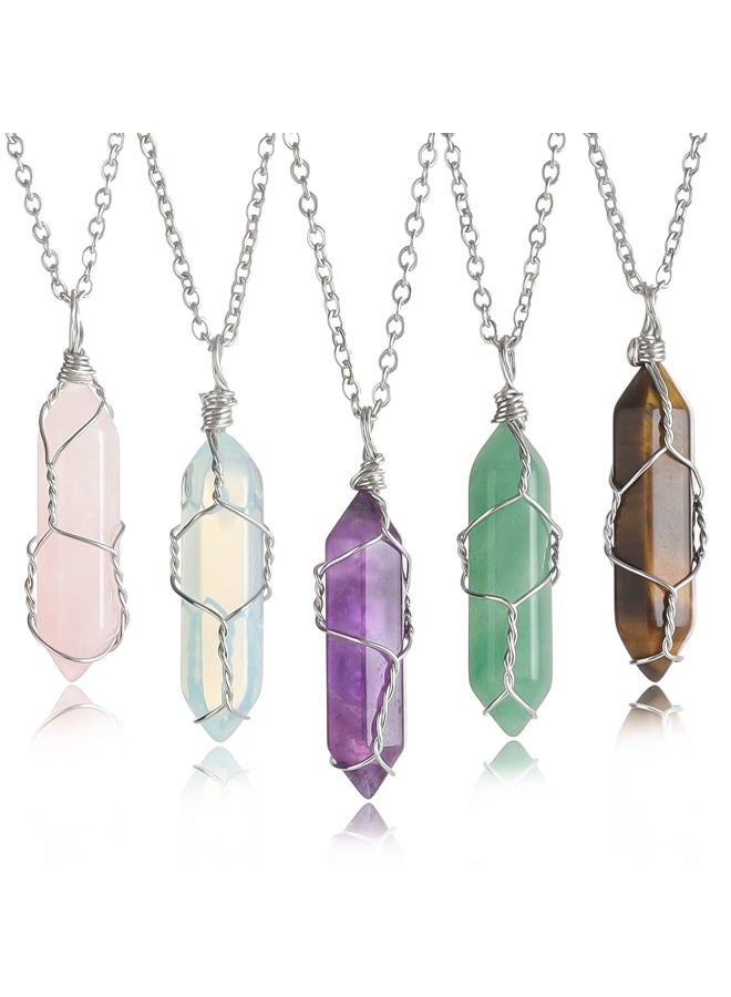Lezam 5 Pcs Natural Hexagonal Crystal Necklace for Women Reiki Healing Crystals Pendant with Tree Wire Wrapped Gemstone Quartz Stone Pendants Necklaces for Girl - Image 1