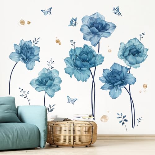 wondever Large Blue Flowers Wall Stickers Peony Floral Plants Butterfly Peel and Stick Wall Art Decals for Girls Bedroom Living Room TV Wall - Image 3