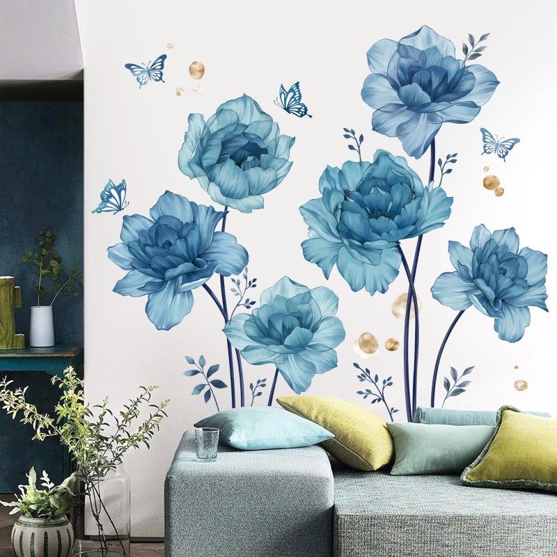 wondever Large Blue Flowers Wall Stickers Peony Floral Plants Butterfly Peel and Stick Wall Art Decals for Girls Bedroom Living Room TV Wall - Image 2