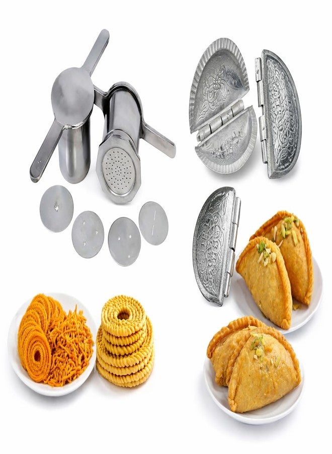 TOP TRICK Best Combo of Aluminium Kitchen Press with 5Blades/Noodles Press/Murukku Maker/Karampoosa giddalu & Aluminium Gujiya Karanji Dumpling Maker | Gujia Karjikai Mould Cutter-2 pcs - Image 1