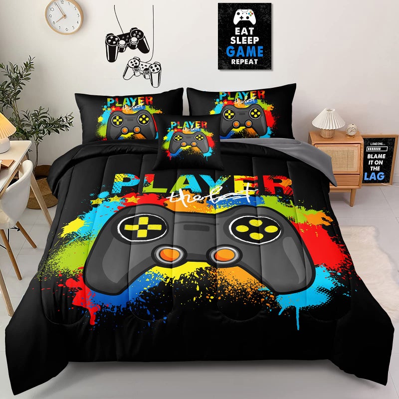 Z.Jian HOME ZJian HOME 6 Pieces Gaming Bedding Set Queen Size for Boys Gamer Comforter Set for Boys Girls Kids Teens 6 Piece Bed in A Bag Video Game Bedding for Gamer Room Decorative Queen19 