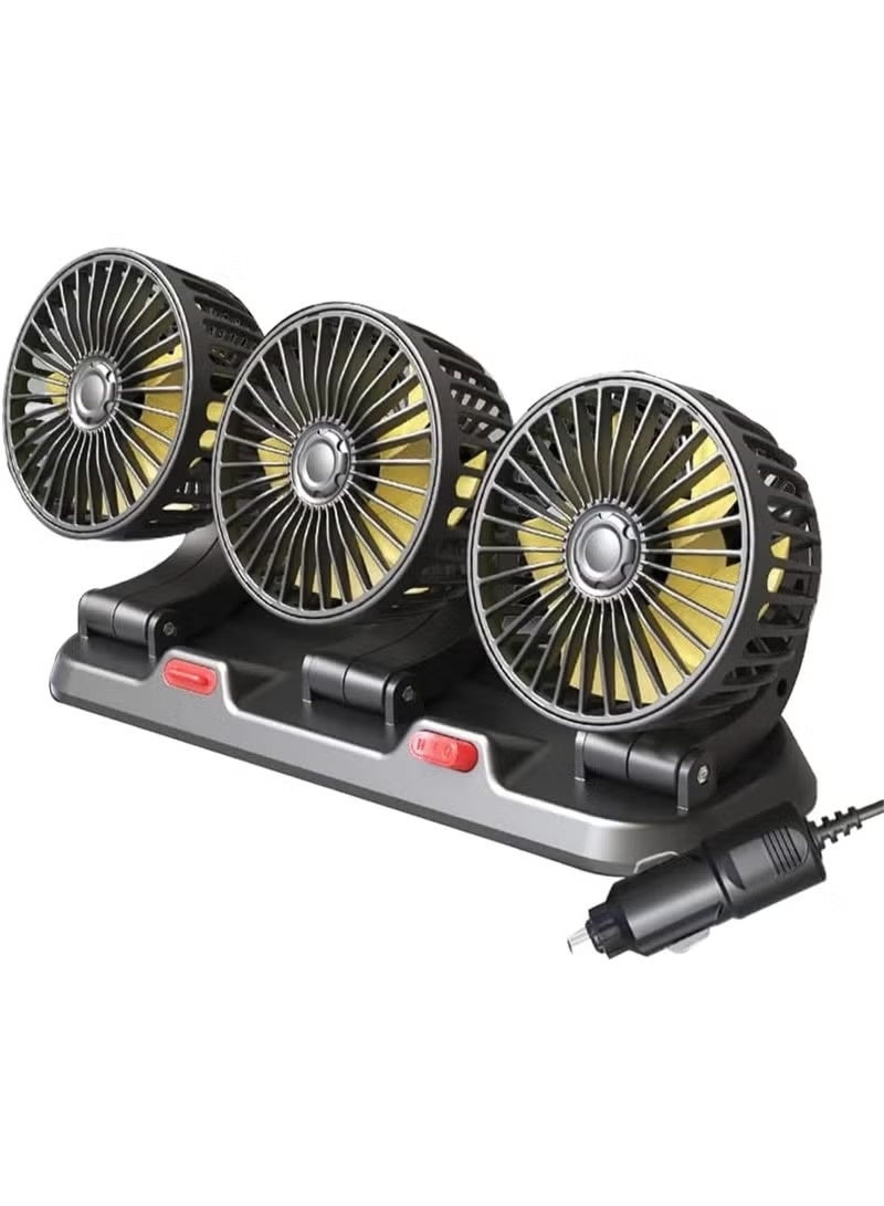 Car cooling fan with three heads, operates at 12 volts, can rotate 360 degrees, has two adjustable speeds, 51-inch cord, portable cooling fan for SUVs, RVs, cars, boats, and golf carts. - Image 1