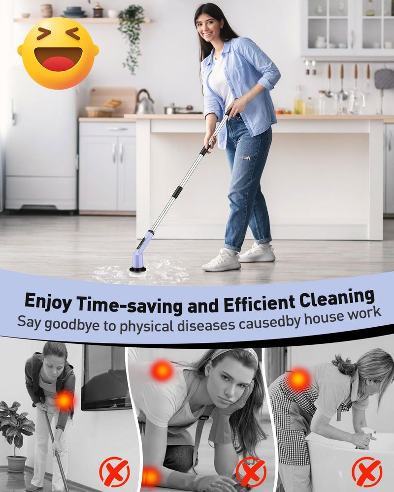 CTMAST Electric Spin Scrubber for Cleaning Bathroom, Shower Scrubber Rotary Floor Brushes with IPX7 Waterproof & 2 Speed, 3 Brush Heads, Bathroom Cleaning Supplies for Shower Tub Tile Toilet Purple - Image 2
