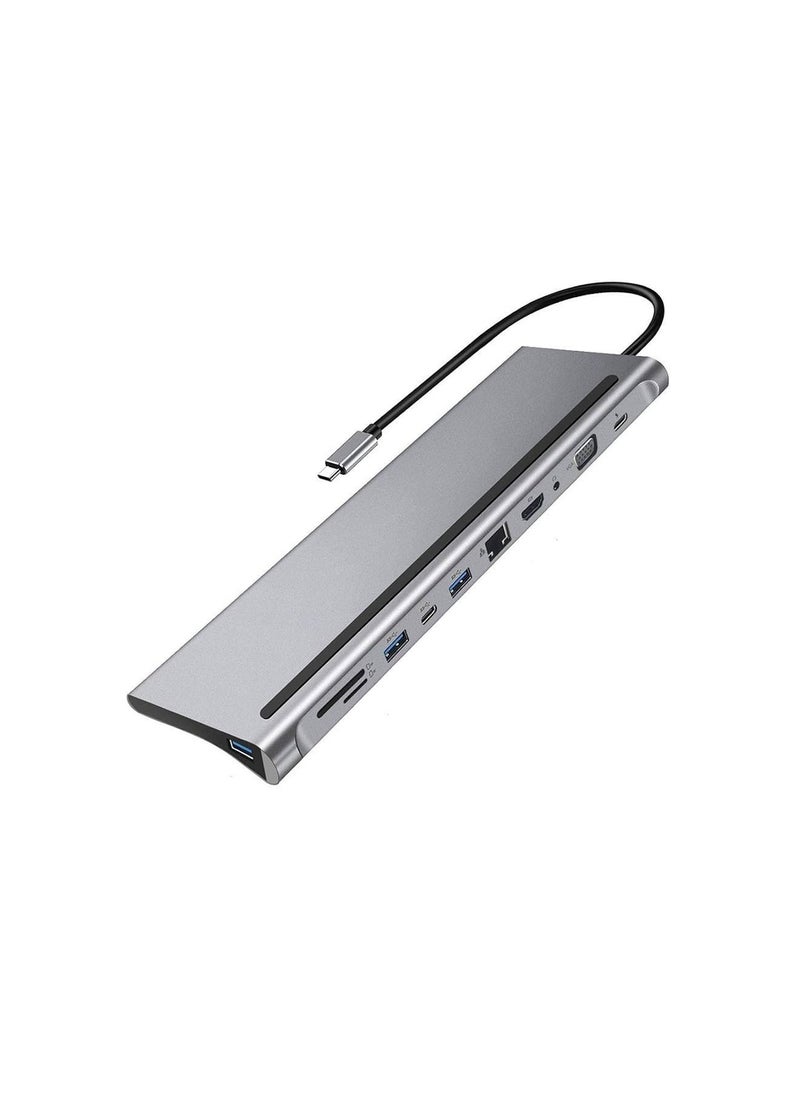 Generic - USB C HUB, USB C Adapter 11 in 1 Dongle with 4K HDMI, VGA, Type C PD, USB3.0, RJ45 Ethernet, SD/TF Card Reader, 3.5mm AUX, Docking Station Compatible with MacBook Pro/Air, Other Type C Laptops Devices Grey - Image 1
