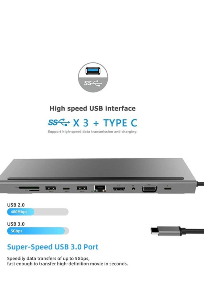 Generic - USB C HUB, USB C Adapter 11 in 1 Dongle with 4K HDMI, VGA, Type C PD, USB3.0, RJ45 Ethernet, SD/TF Card Reader, 3.5mm AUX, Docking Station Compatible with MacBook Pro/Air, Other Type C Laptops Devices Grey - Image 1