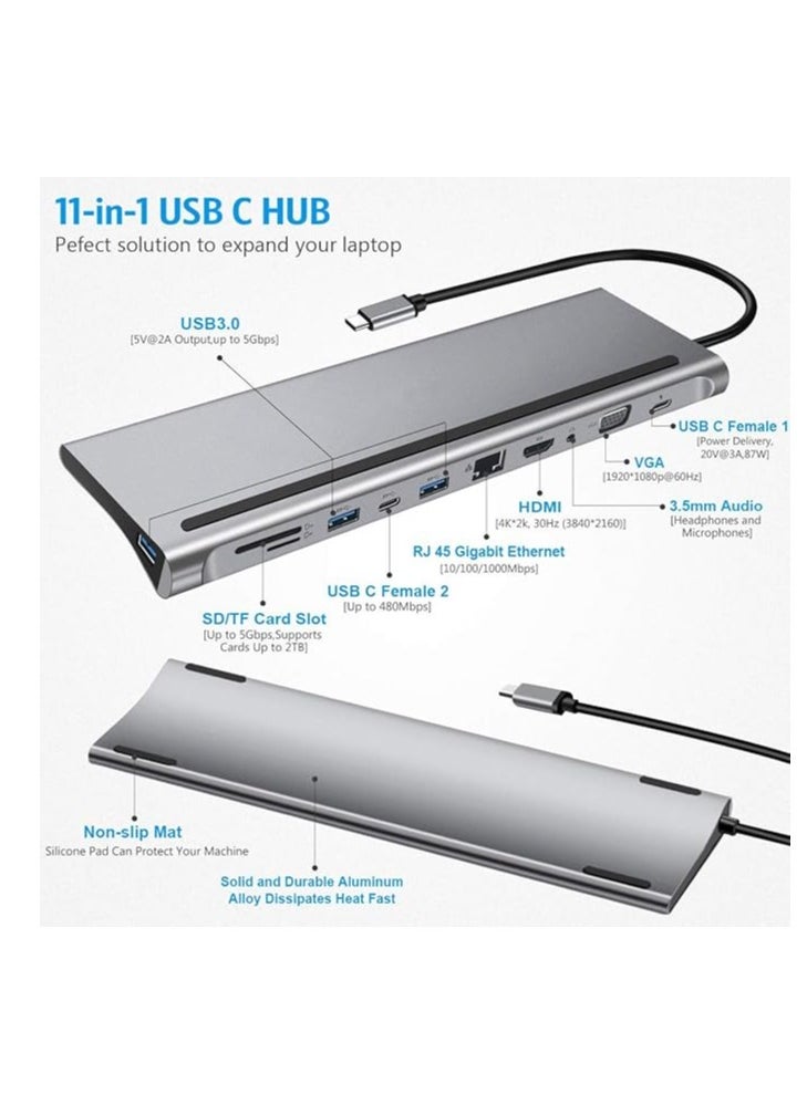 Generic - USB C HUB, USB C Adapter 11 in 1 Dongle with 4K HDMI, VGA, Type C PD, USB3.0, RJ45 Ethernet, SD/TF Card Reader, 3.5mm AUX, Docking Station Compatible with MacBook Pro/Air, Other Type C Laptops Devices Grey - Image 1