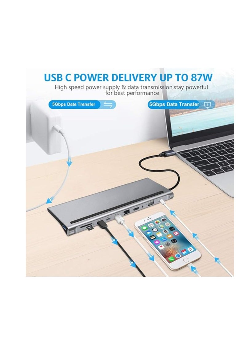 Generic - USB C HUB, USB C Adapter 11 in 1 Dongle with 4K HDMI, VGA, Type C PD, USB3.0, RJ45 Ethernet, SD/TF Card Reader, 3.5mm AUX, Docking Station Compatible with MacBook Pro/Air, Other Type C Laptops Devices Grey - Image 1