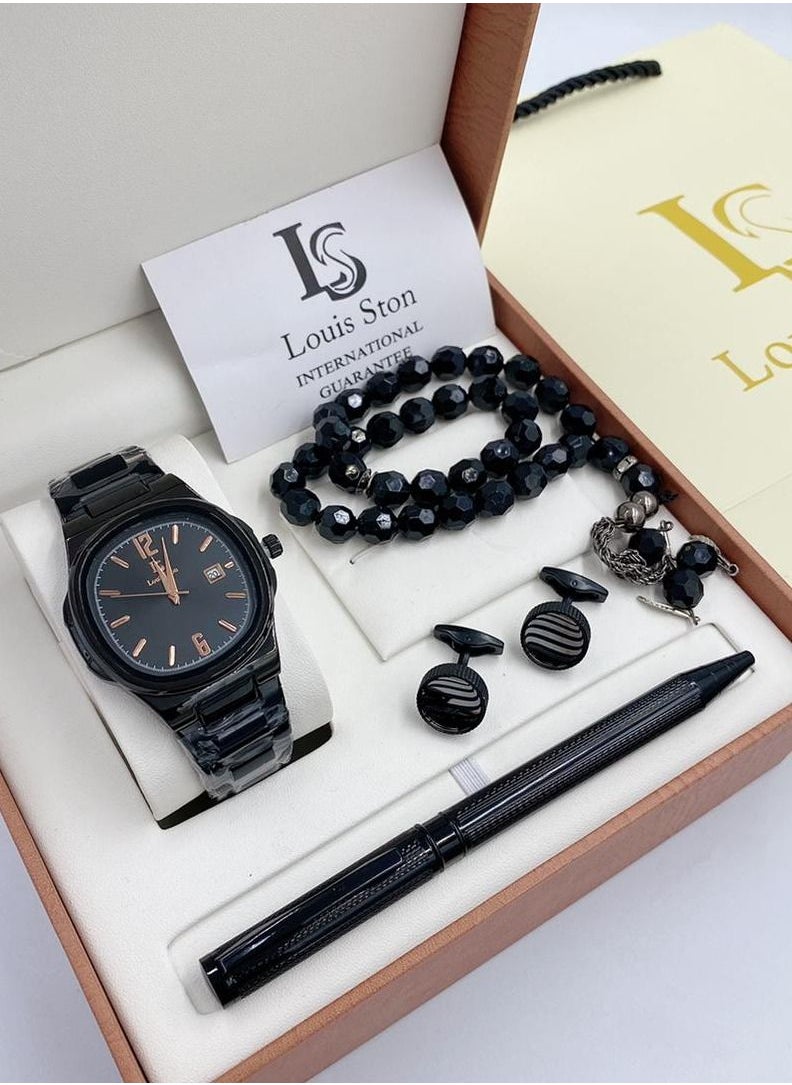 Louis Ston - A high-quality men's watch gift set from Louis Ston, black bracelet and black dial with date display - Limited edition - Image 1