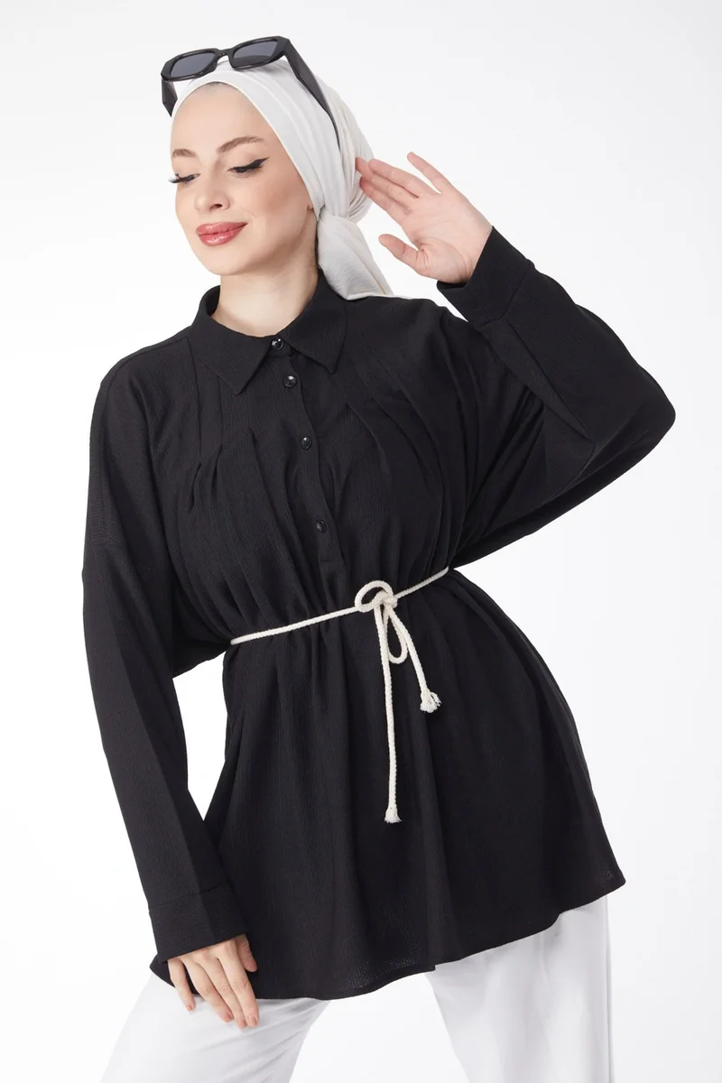 Tofisa 24716-BLACK Belted Tunic