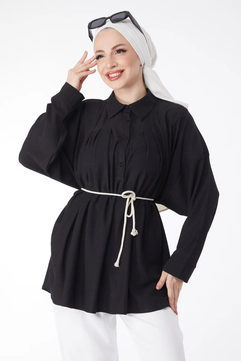 Tofisa 24716-BLACK Belted Tunic
