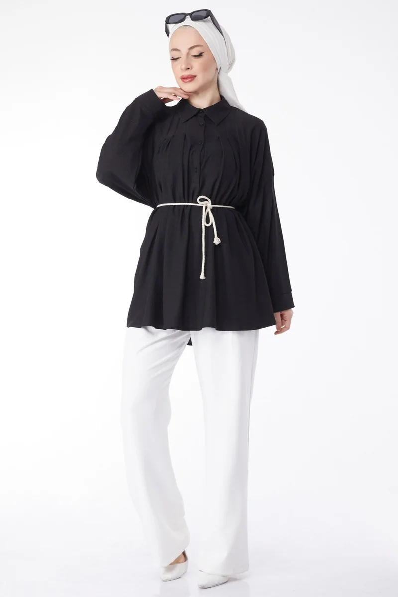 Tofisa 24716-BLACK Belted Tunic