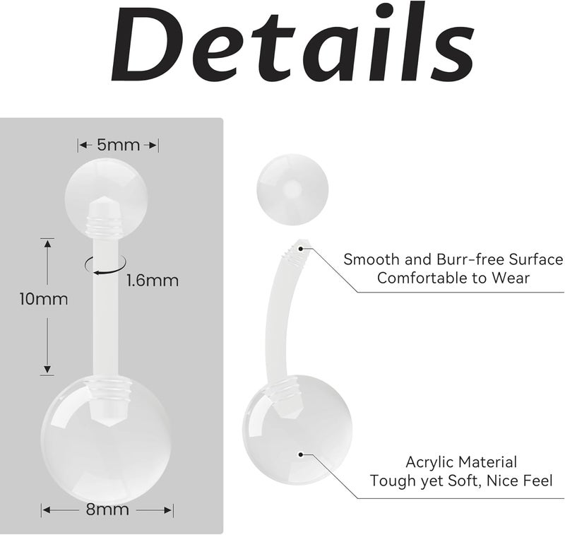 CrazyPiercing Transparent 14 Gauge Clear Acrylic Belly Button Ring Retainer (8 PCS) - Image 2