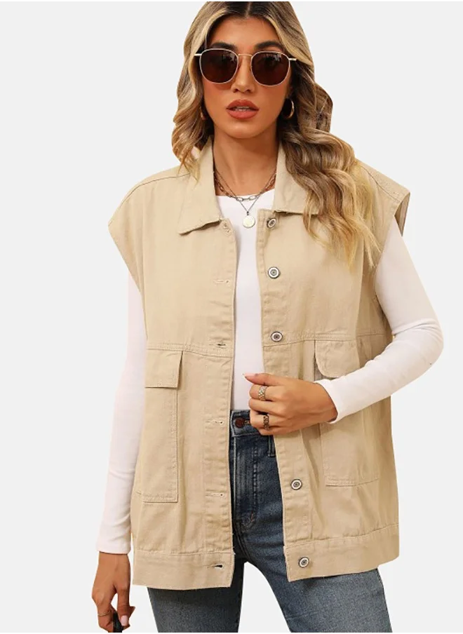 يونيكي Beige Collared Sleeveless Denim Jacket