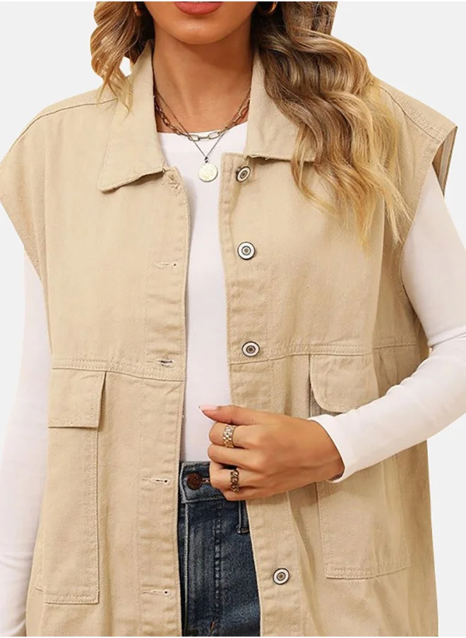 يونيكي Beige Collared Sleeveless Denim Jacket