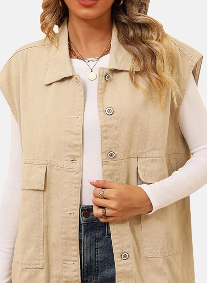 يونيكي جاكيت جينز بدون أكمام بياقة بيج - Image 2