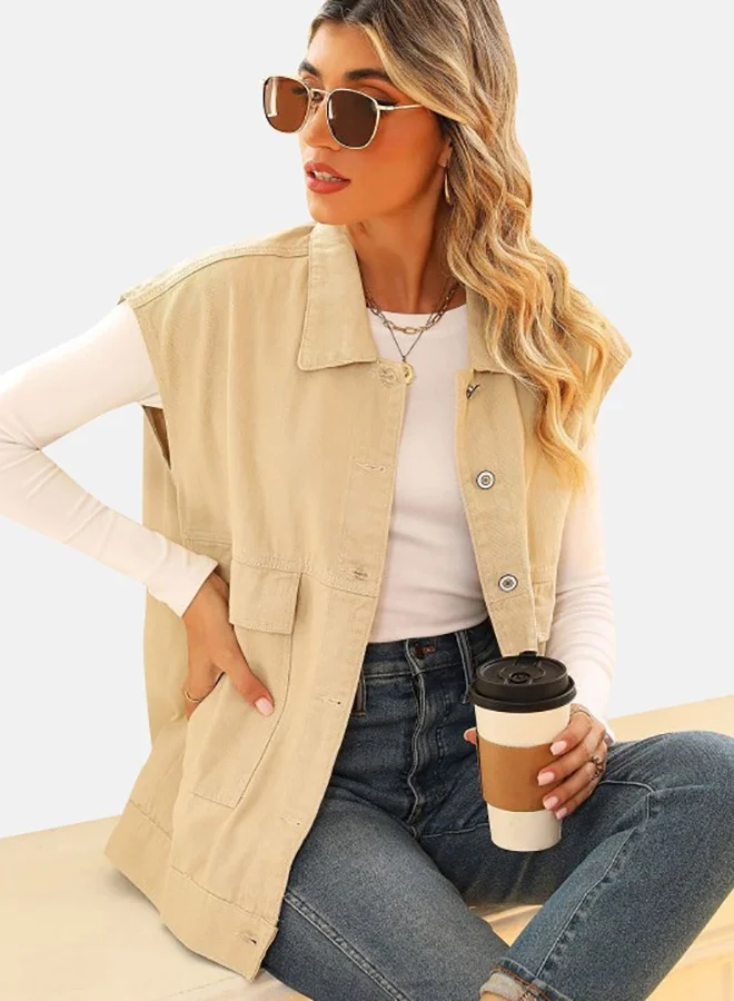 YUNIQEE Beige Collared Sleeveless Denim Jacket