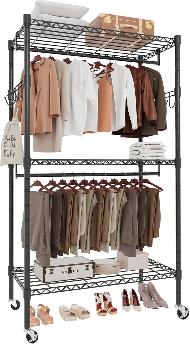 Whitmor 3 Tier Rolling Garment Rack, Heavy Duty Adjustable Metal Clothing Rack with Side Hooks, Double Rods & 360Â° Lockable Wheels, Max 600LBS for Hanging Clothes, 35.4" L x 16" W x 77" H, Black - Image 1