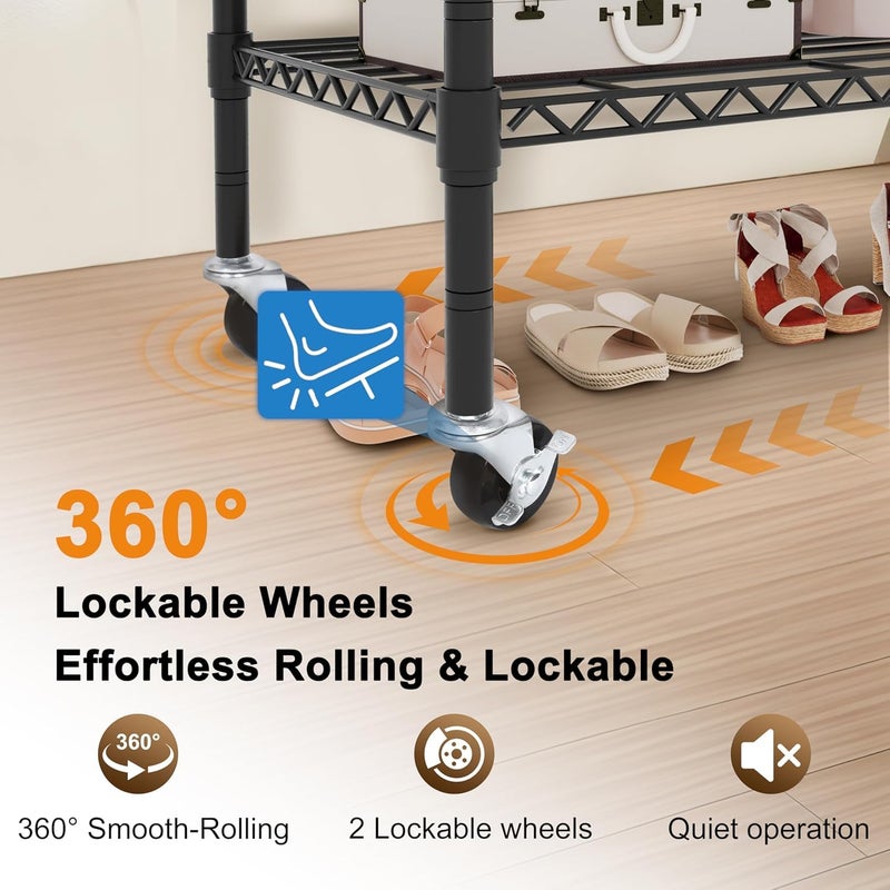Whitmor 3 Tier Rolling Garment Rack, Heavy Duty Adjustable Metal Clothing Rack with Side Hooks, Double Rods & 360Â° Lockable Wheels, Max 600LBS for Hanging Clothes, 35.4" L x 16" W x 77" H, Black - Image 5