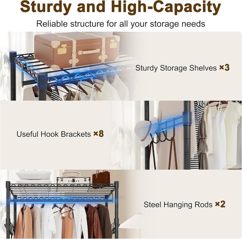 Whitmor 3 Tier Rolling Garment Rack, Heavy Duty Adjustable Metal Clothing Rack with Side Hooks, Double Rods & 360Â° Lockable Wheels, Max 600LBS for Hanging Clothes, 35.4" L x 16" W x 77" H, Black - Image 4