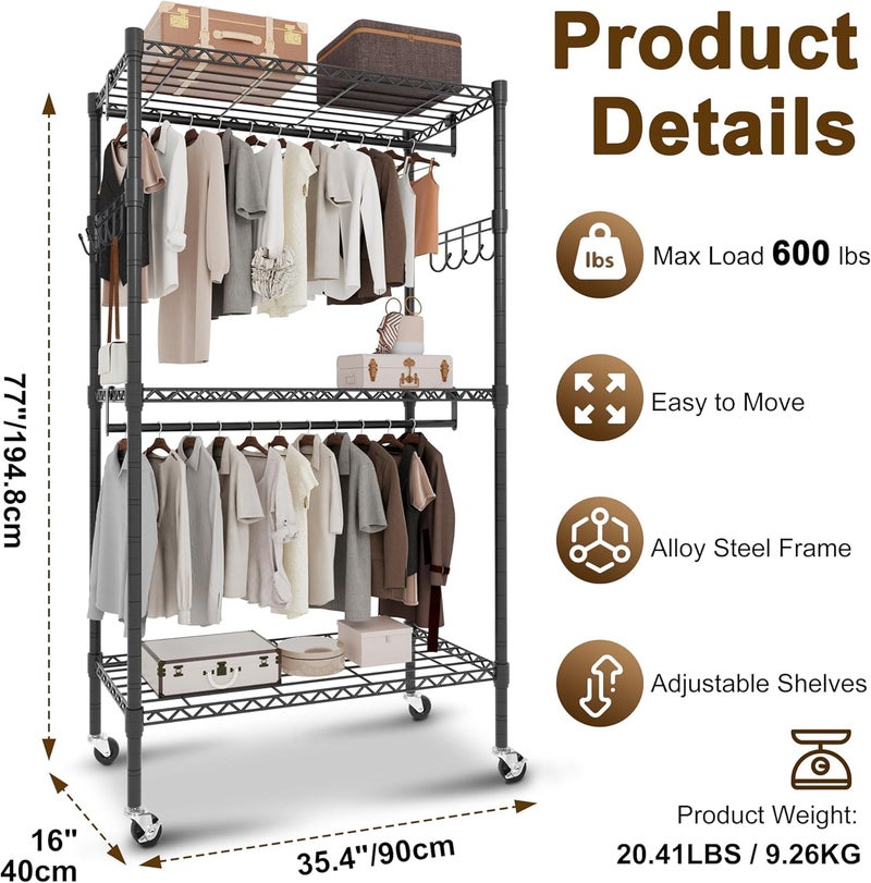 Whitmor 3 Tier Rolling Garment Rack, Heavy Duty Adjustable Metal Clothing Rack with Side Hooks, Double Rods & 360Â° Lockable Wheels, Max 600LBS for Hanging Clothes, 35.4" L x 16" W x 77" H, Black - Image 2