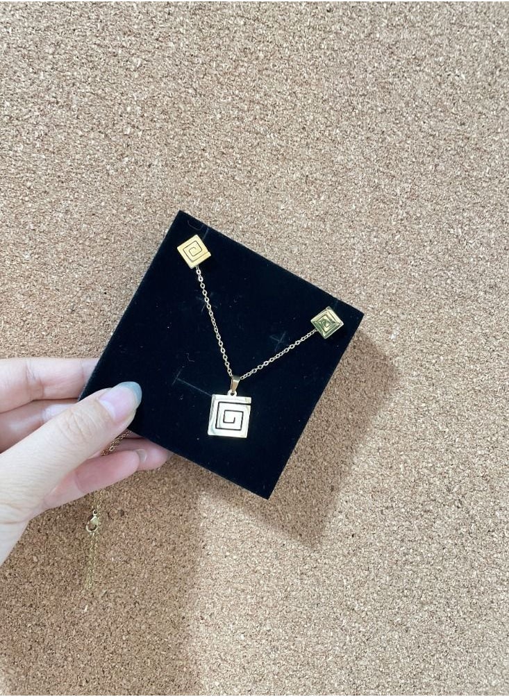 General - Stainless steel 18K gold plated non fading geometric square clavicle necklace and earrings three piece set - Image 1