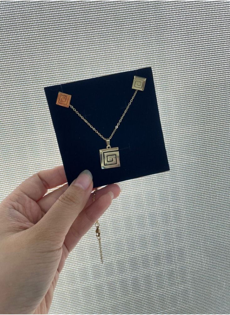 General - Stainless steel 18K gold plated non fading geometric square clavicle necklace and earrings three piece set - Image 1