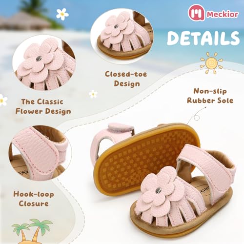 Meckior Baby Toddler Infant Girls PU Leather Soft Open Toe Summer Sandals Flower Princess Flat Shoes - Image 5