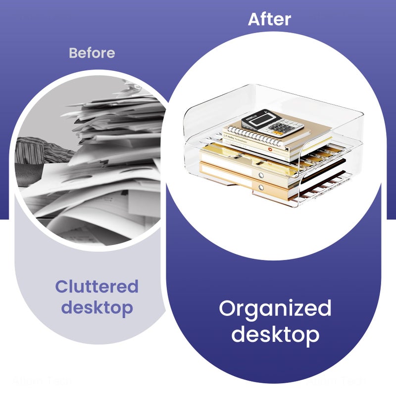 Tomorotec Desk Letter Tray Set, A4 Size Clear PET Stackable Document Organizer Office Desktop File Paper Holder Book Storage Rack Side Load Anti-Skid Stacking Support Convex Bottom (2X Landscape) - Image 4