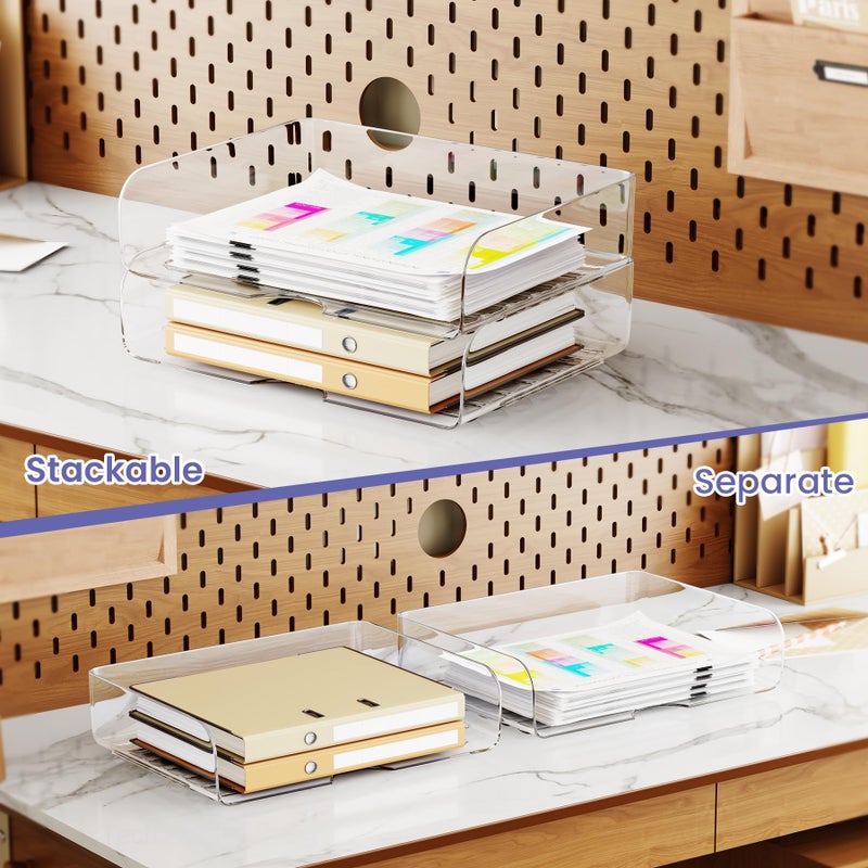 Tomorotec Desk Letter Tray Set, A4 Size Clear PET Stackable Document Organizer Office Desktop File Paper Holder Book Storage Rack Side Load Anti-Skid Stacking Support Convex Bottom (2X Landscape) - Image 3