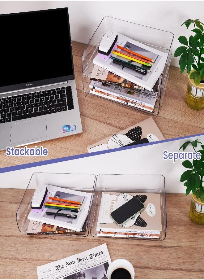 Tomorotec Tomorotec Desk Letter Tray Set, A4 Size Clear PET Stackable Document Organizer Office Desktop File Paper Holder Book Storage Rack Side Load Anti-Skid Stacking Support Convex Bottom (2X Landscape)  - Image 2