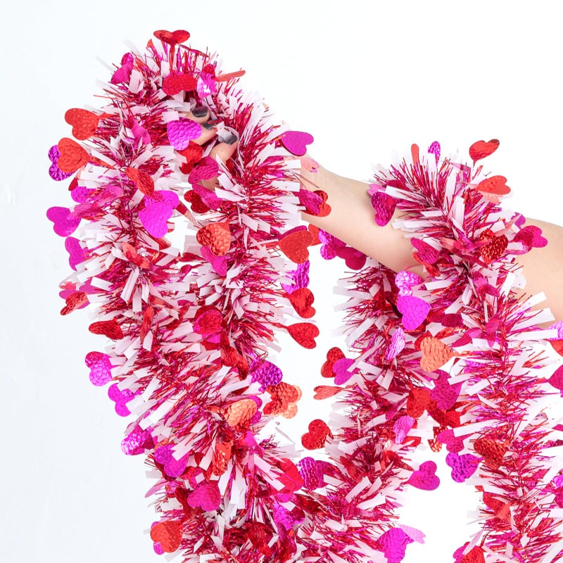 Jocomoni 33Ft Valentine's Day Heart Tinsel Garland, Red Pink White Metallic Twisted Tinsel with Heart Confetti Glitter Hanging Garland for Valentine's Day Decoration - Image 1