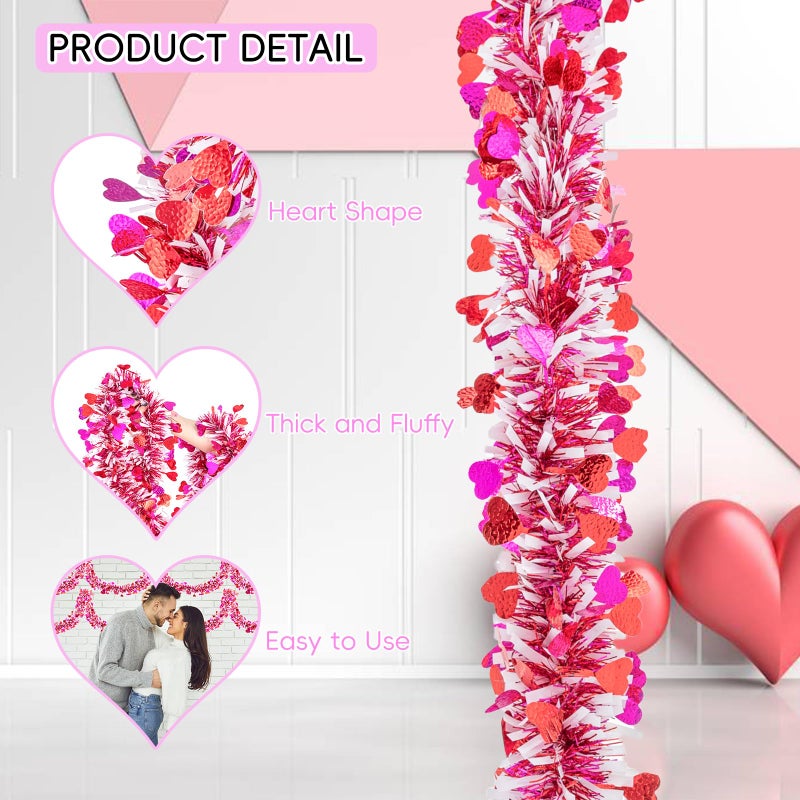 Jocomoni 33Ft Valentine's Day Heart Tinsel Garland, Red Pink White Metallic Twisted Tinsel with Heart Confetti Glitter Hanging Garland for Valentine's Day Decoration - Image 2