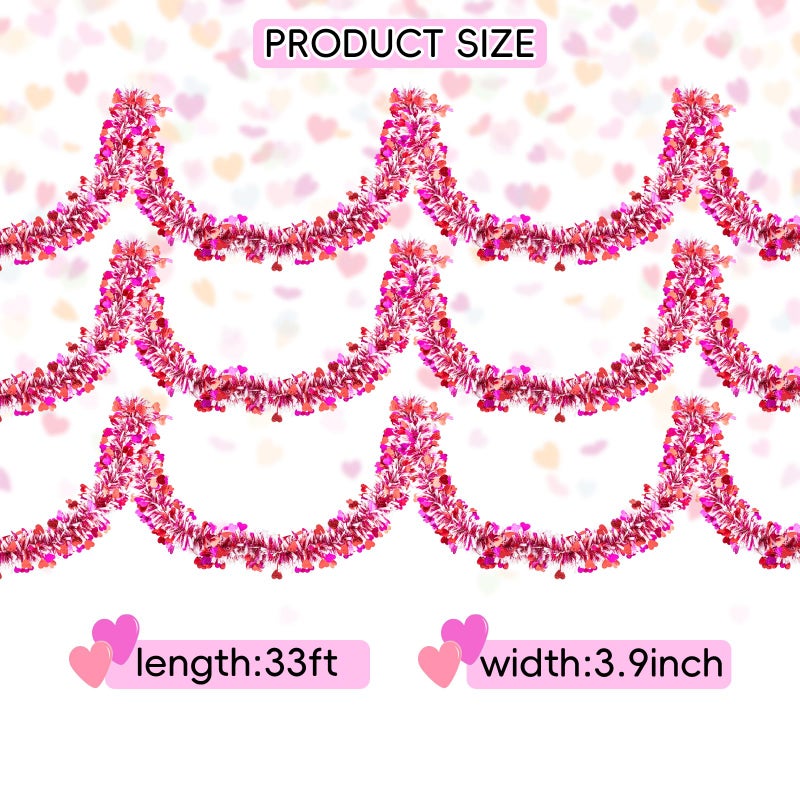 Jocomoni 33Ft Valentine's Day Heart Tinsel Garland, Red Pink White Metallic Twisted Tinsel with Heart Confetti Glitter Hanging Garland for Valentine's Day Decoration - Image 3